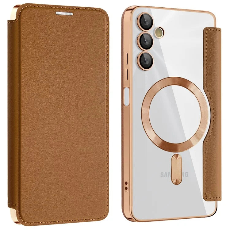 Husa MagFlip - Samsung A05s, Magnet, RFID protect, Leather, Chrome Edge, Gold