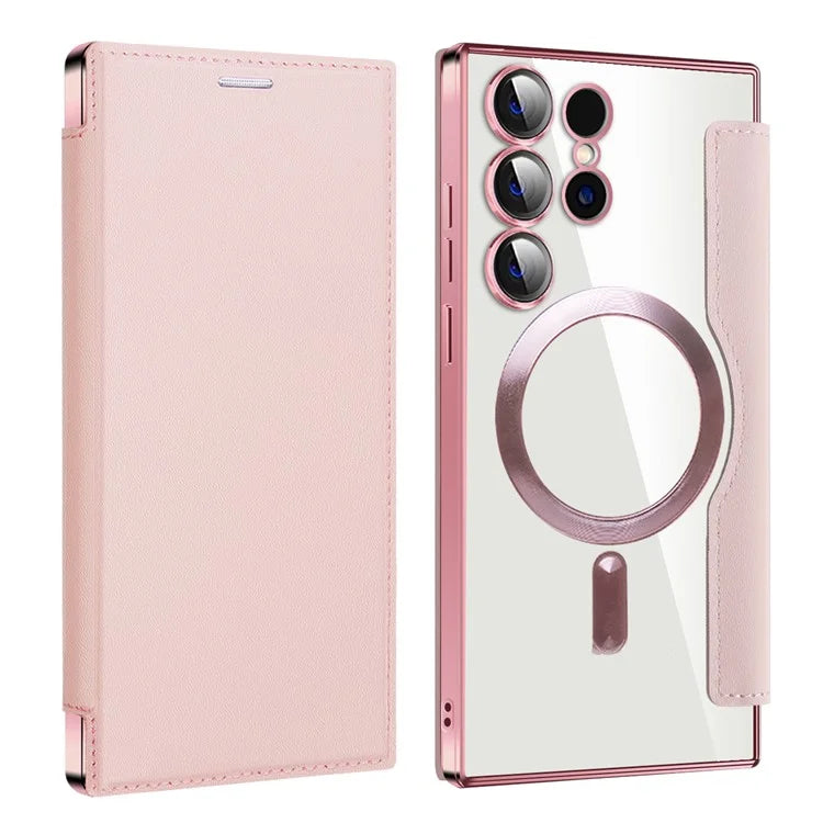 Husa MagFlip - Samsung S24 Ultra, Magnet, RFID protect, Leather, Chrome Edge, Pink