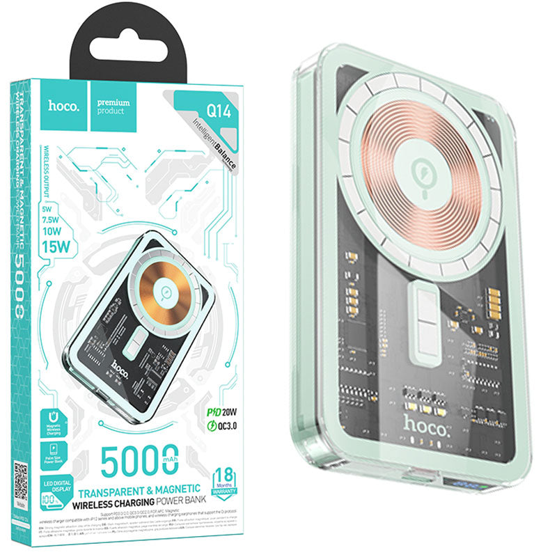 Hoco (Q14) - Baterie Externa, 1xUSB-C, Magnet, Display LED, 5000mAh, Blue