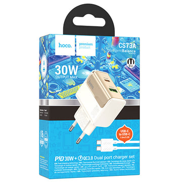 Cablu Hoco CS73A, Incarcatoare Priza cu Cablu, USB-C, 1xUSB-C, 1XUSB-A, PD30W - Alb