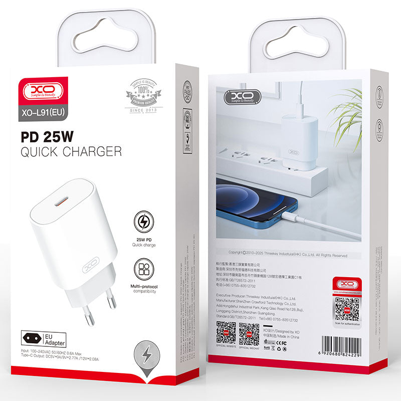 XO (L91) - Incarcator Retea, 25W, 1xUSB-C, PD, White