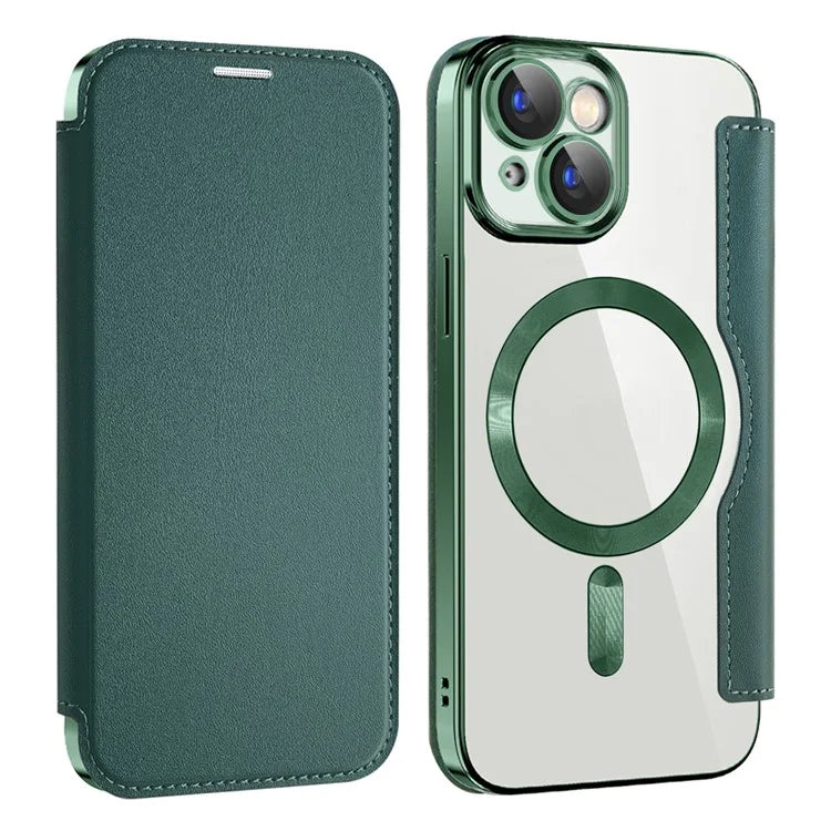 Husa MagFlip - iPhone 15, Magnet, RFID protect, Leather, Chrome Edge, Green