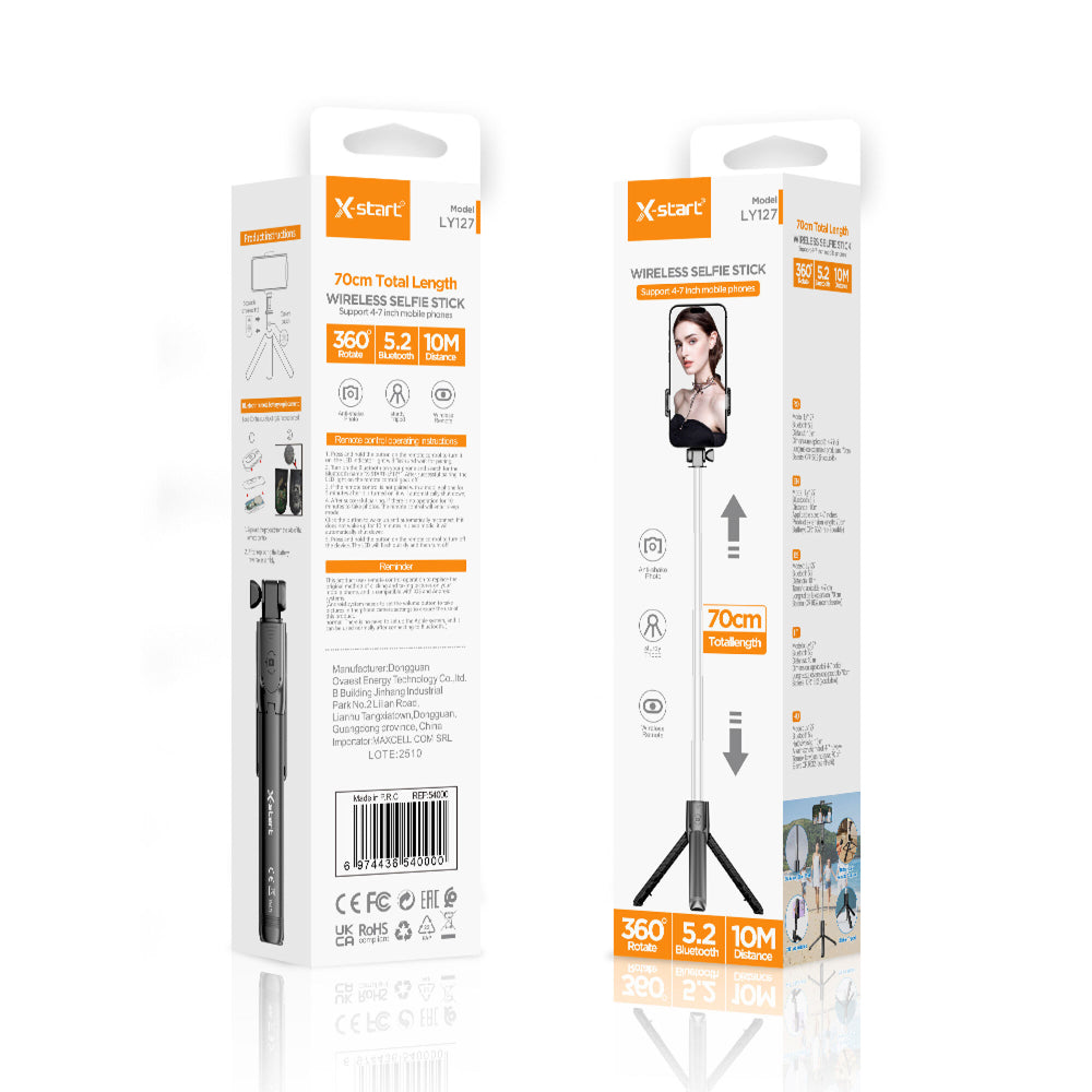 X-Start (LY127) - Selfie Stick, pentru telefon, brat telescopic, Tripods, 70cm, Multifunction, Black