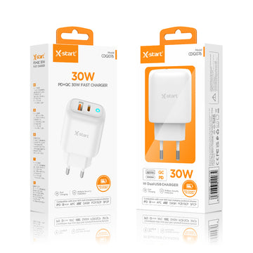 X-Start CDQ076, Incarcatoare Priza, 30W, 1xUSB-C, 1XUSB-A, FastCharger - Alb