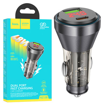 Incarcator Auto Hoco NZ12B, 30W, 1xUSB-C, 1xUSB-A, PD, QC 3.0, Power LED, Clear - Negru
