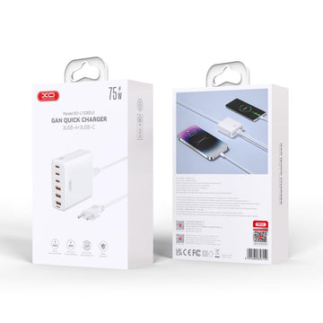 Statie Incarcare XO L133, GaN, PD75W, 3xUSB-C, 3xUSB-A, Cablu Alimentare 1.5m - Alb
