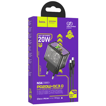 Incarcator Retea + Cablu Lightning Hoco N34, 20W, 1xUSB-C, 1xUSB-A, PD, QC 3.0, Clear - Negru