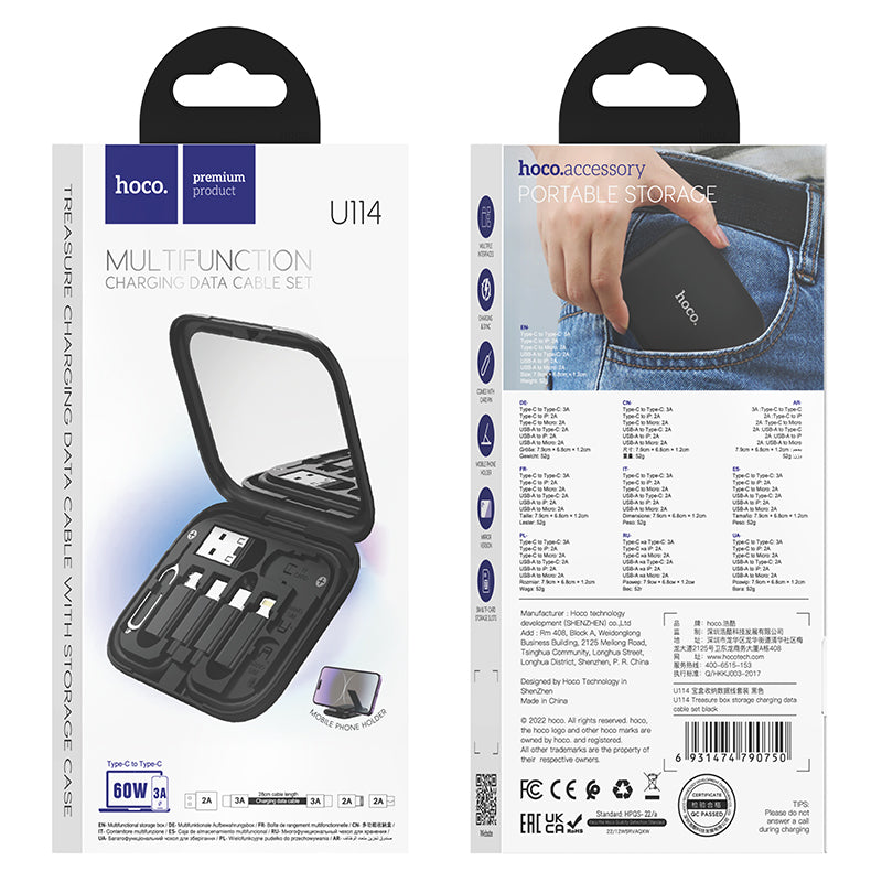 Hoco (U114) - Set Travel, Multi Cable, MicroUsb/Lightning/USB-A, cheita SIM, Black
