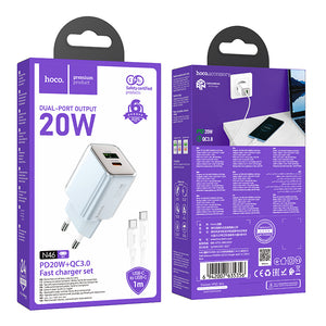 Incarcator Retea + Cablu USB-C Hoco N46, 1m, PD20W, 1xUSB-C, 1xUSB-A - Albastru