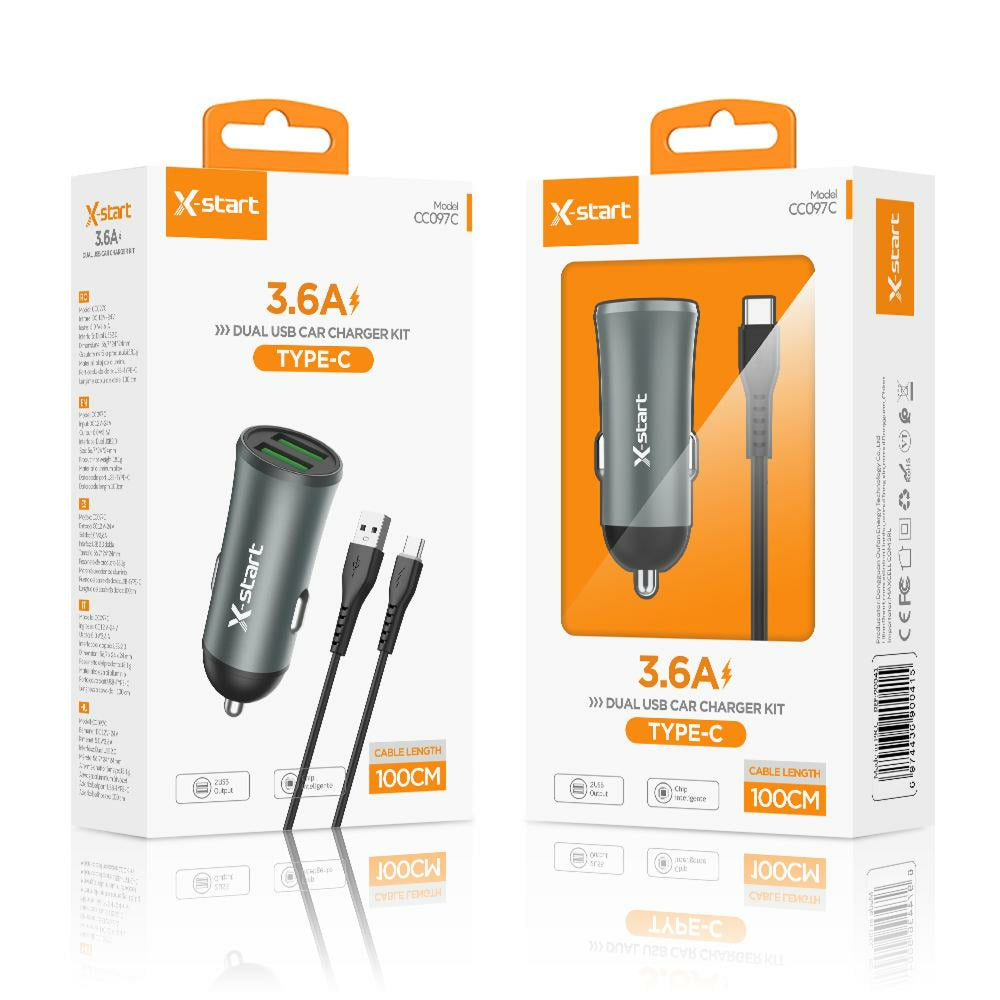 X-Start (CC097C) - Incarcator auto + Cablu USB-C, 2xUSB-A, 5V,3.6A , 1m, Gray+Black