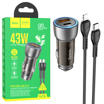 Incarcator Auto + Cablu Lightning Hoco NZ8, 45W, 1xUSB-C, 1xUSB-A, PD, QC 3.0, Clear - Maro