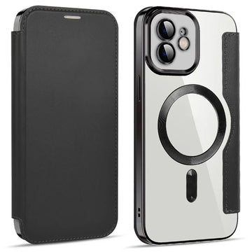 Husa MagFlip pentru iPhone 12, Magnet, RFID Protect, Piele, Chrome Edge - Negru