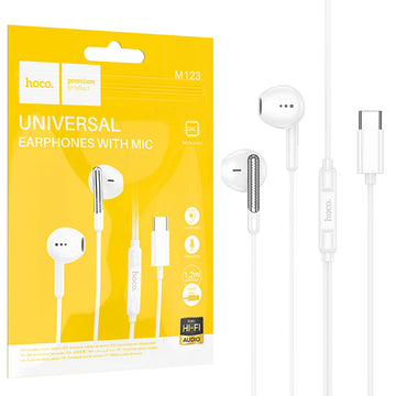 Casti cu Fir Hoco M123, In Ear, USB-C, 1.2m, Mic & Volume Key, HiFi - Alb