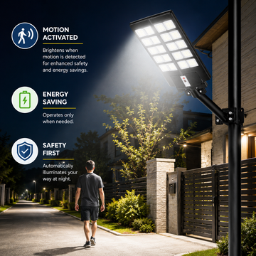 Lampă stradală solară LED 1000W cu telecomandă, senzor de mișcare, panou solar, protecție IP67, negru