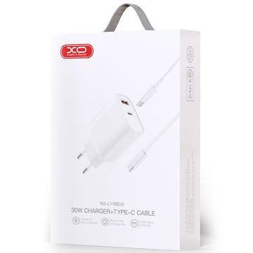Incarcator Retea + Cablu USB-C XO L116, 30W, 1xUSB-C, 1xUSB-A, PD, QC 3.0 - Alb