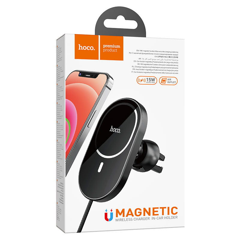 Hoco (CA90) - Suport Auto cu incarcare Wireless, MagSafe, Ventilatie, cablu USB-C, 1m, Black
