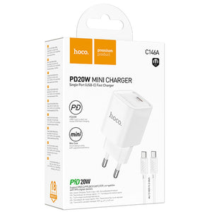 Incarcator Retea + Cablu USB-C Hoco C146A, 1m, PD20W, 1xUSB-C, FastCharge - Alb