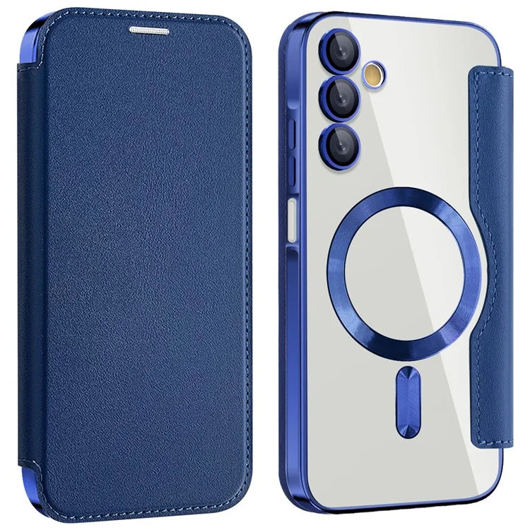Husa MagFlip - Samsung A15, Magnet, RFID protect, Leather, Chrome Edge, Navy Blue