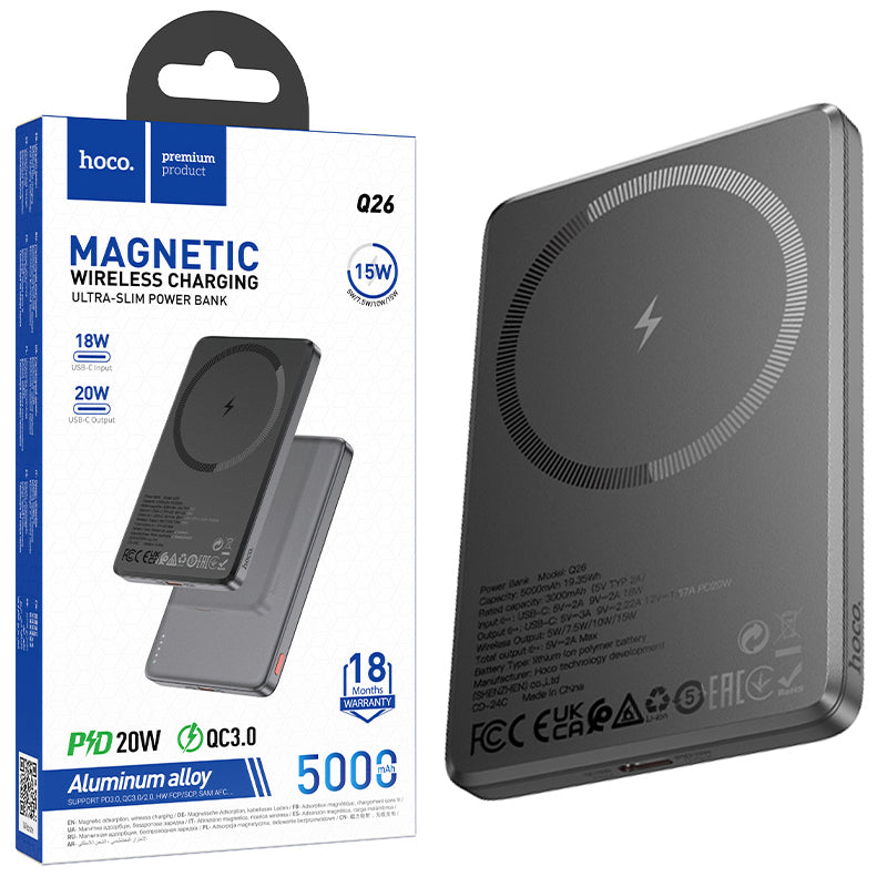 Hoco (Q26) - Baterie Externa, 22.5W+PD250W, Magnetica, 5000mAh, Metall Grey