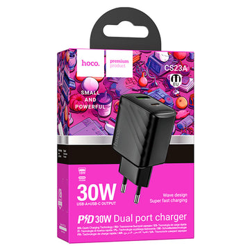 Incarcator Retea Hoco CS23A, PD30W, 5V, 3A, 1xUSB-C, 1xUSB-A, FCP/AFC - Negru