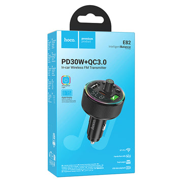 Modulator FM Hoco E82, 1xUSB-C, 2xUSB-A, Inteligent Balance, Ambient Light - Negru