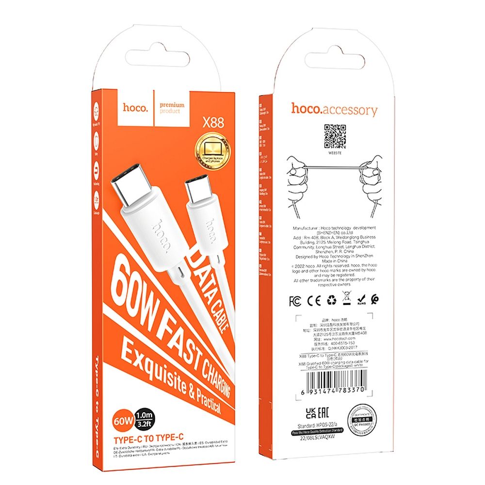 Hoco (X88) - Cablu Date si Incarcare, USB-C, 60W, 1m, White