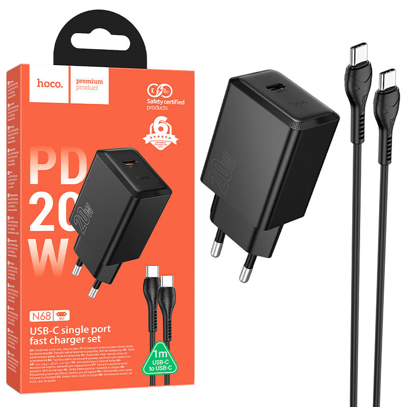 Hoco (N68) - Incarcator Retea, PD20W, USB-C + Cablu USB-C, 1m, Fast Charging, Black