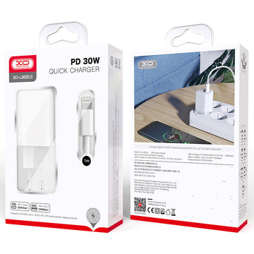 Incarcator Retea + Cablu Lightning XO L96, 30W, 1xUSB-C, 1xUSB-A, PD, QC 3.0 - Alb