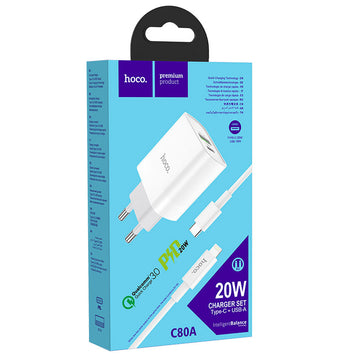 Incarcator Retea + Cablu Lightning Hoco C80A, 20W, 5V, 3.1A, 1xUSB-C, 1xUSB-A, PD, QC 3.0 - Alb