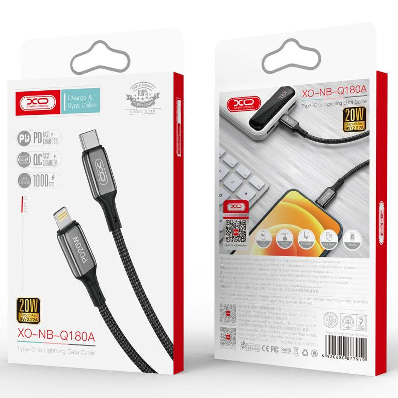 XO (NB-Q180A) - Cablu Date si Incarcare, USB-C la Lightning, PD20W, QC3.0, Metall Braided, 1m, Black