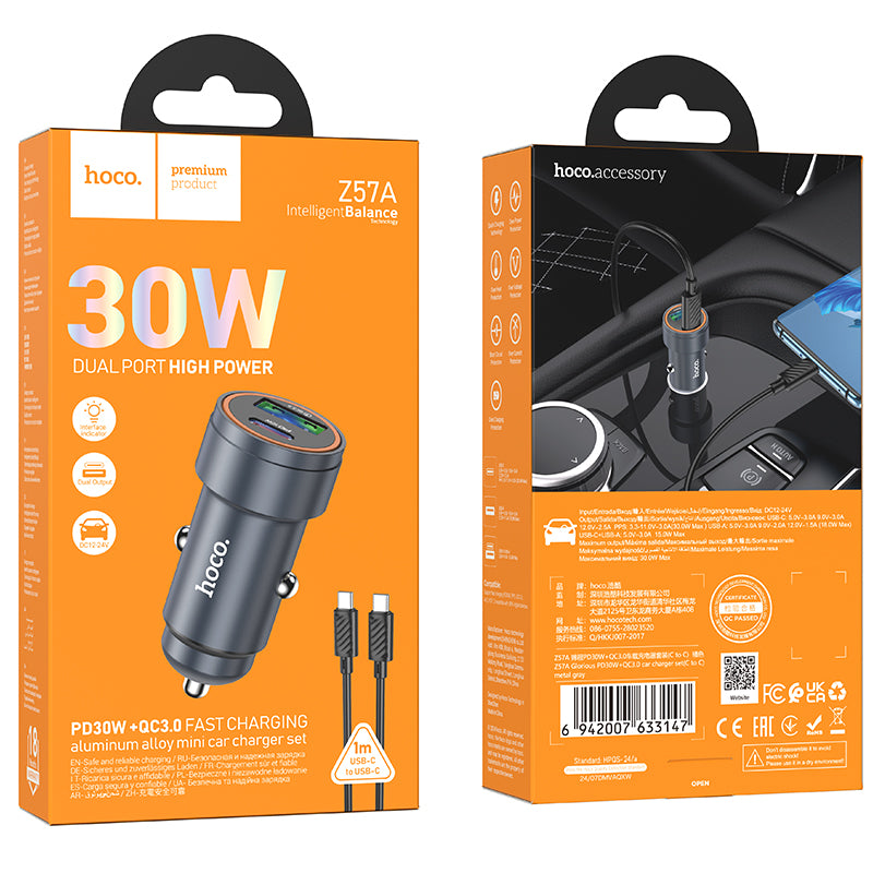 Hoco (Z57A) - Incarcator Auto + Cablu USB-C, 1m, PD30W, 1xUSB-C, 1xUSB-A, Grey