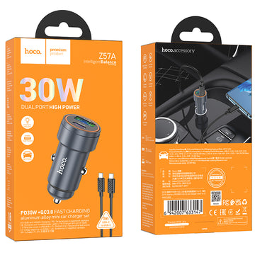 Incarcator Auto + Cablu USB-C Hoco Z57A, 1m, PD30W, 1xUSB-C, 1xUSB-A - Gri