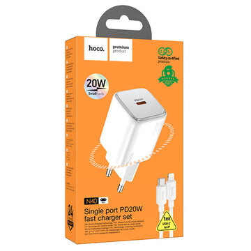 Incarcator Retea + Cablu Lightning Hoco N40, 20W, 1xUSB-C, PD - Alb