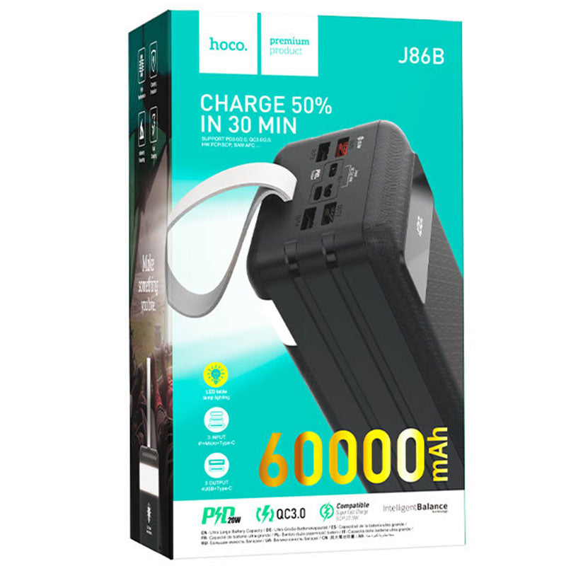 Hoco (J86B) - Baterie Externa, 1xUSB-C PD, 4xUSB-A QC 3.0, lampa LED, 60000 MAh, Black