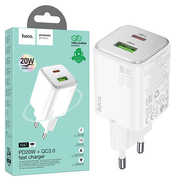 Incarcator Retea Hoco N41, 20W, 1xUSB-C, 1xUSB-A, PD, QC 3.0 - Alb