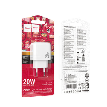Incarcator Retea Hoco CS54A, PD20W, 1xUSB-C, 1xUSB-A - Alb