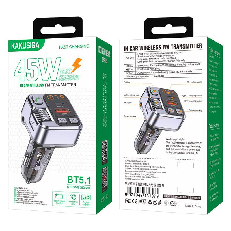 Kaku (KSC-1062) - Modulator FM, 45W, 1xUSB-C, 1xUSB-A, QC 3.0, Functie HandsFree, Silver