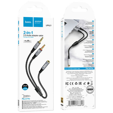 Cablu Hoco UPA21, Audio Y Splitter, 2x Jack 3.5mm M, la Jack 3.5mm F, 25cm - Negru