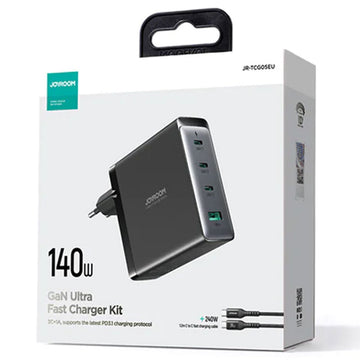 Joyroom (JR-TCG05EU) - Incarcator Retea + Cablu USB-C, Gan, 140W, 3xUSB-C, 1xUSB-A, Black