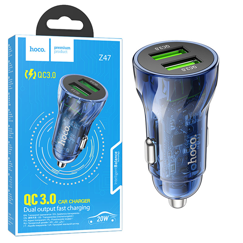 Hoco (Z47) - Incarcator Auto, 20W, 2xUSB-A, Clear, Blue