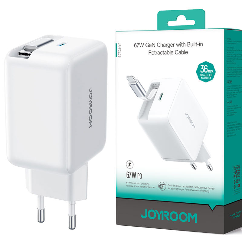 Joyroom (JR-TCL06) - Incarcator Retea, GaN 67W, USB-C cu Cablu USB-C, retractabil, 1m, White