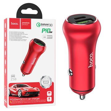 Incarcator Auto Hoco Z38, 20W, 1xUSB-C, 1xUSB-A, PD, QC 3.0 - Rosu