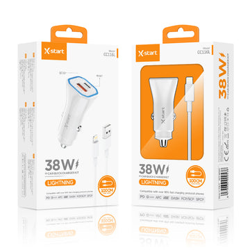Incarcator Auto + Cablu USB-A la Lightning X-Start CC116L, 38W, 1xUSB-C, 1xUSB-A, QC 3.0, 1m - Alb