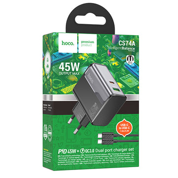 Incarcator Retea + Cablu USB-C Hoco CS74A, 1m, PD45W+QC3.0, 1xUSB-C, 1xUSB, FastCharge - Negru