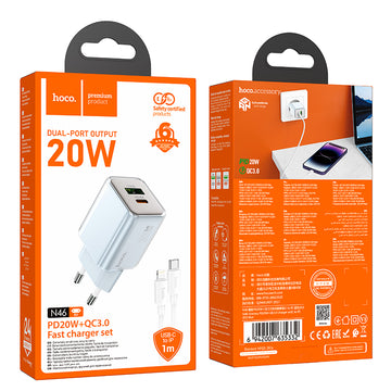 Incarcator Retea + Cablu Lightning Hoco N46, 1m, PD20W, 1xUSB-C, 1xUSB-A - Albastru