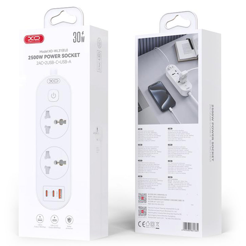 XO (WL13) - Prelungitor Priza, PD30W, 2xUSB-C, 1xUSB-A, 2xSchuko 1.5m, White