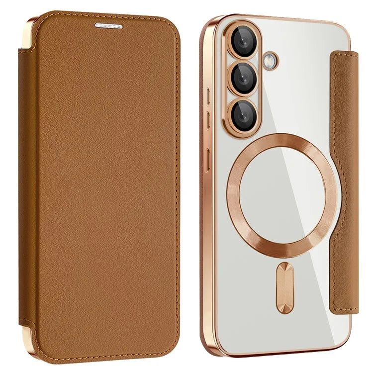 Husa MagFlip - Samsung S25, Magnet, RFID protect, Leather, Chrome Edge, Gold