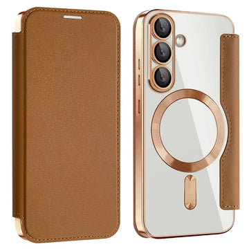 Husa MagFlip pentru Samsung S25, Magnet, RFID Protect, Piele, Chrome Edge - Auriu
