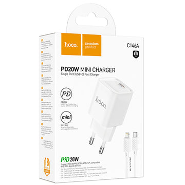 Incarcator Hoco C146A Retea + Cablu Lightning, 20W - Alb