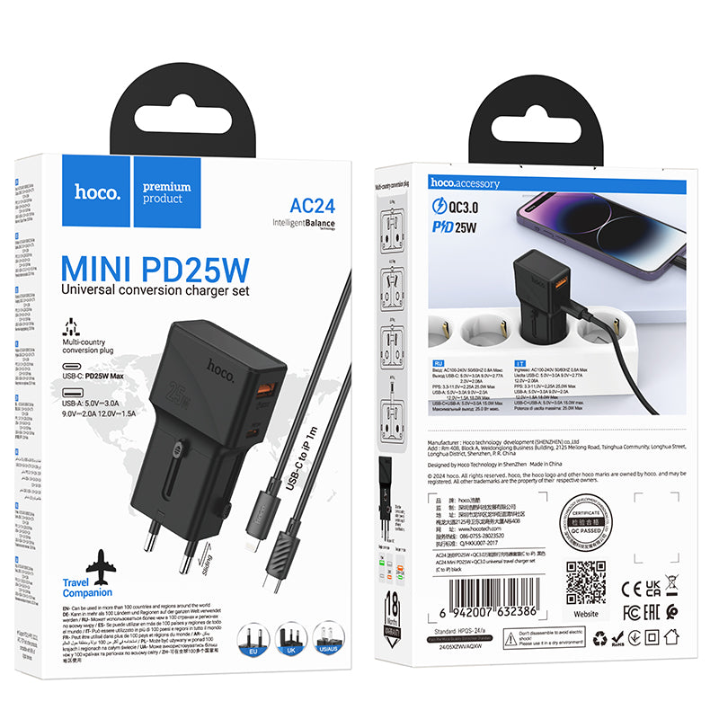 Hoco (AC24) - Adaptor Priza + Cablu Lightning, 1m, PD25W, 1xUSB-C, 1xUSB, MultiSockets, Black